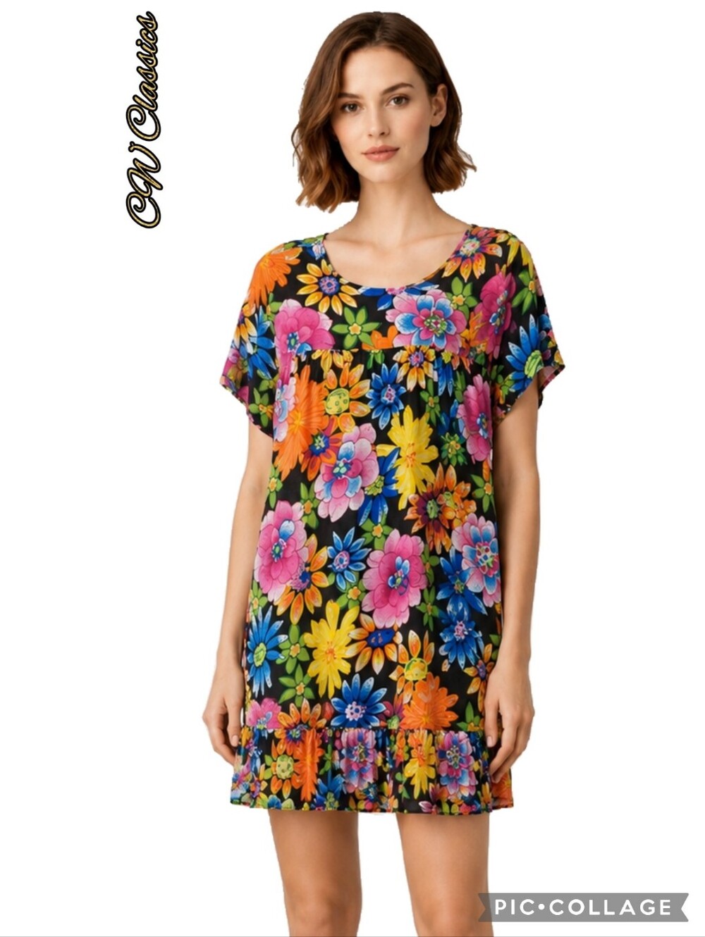 CW Classics 55% Cotton Tropical Multicolor Print Ruffle Midi Short Sleeve Dress